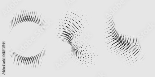 Set of dotted curved abstract shapes. Dotted pattern in halftone theme. Curved and twisted abstract gradients. Vector design element in black and white color.