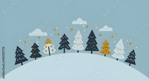 Colección de árboles de Navidad azules y estrellas doradas en un diseño diferente - Ilustración vectorial