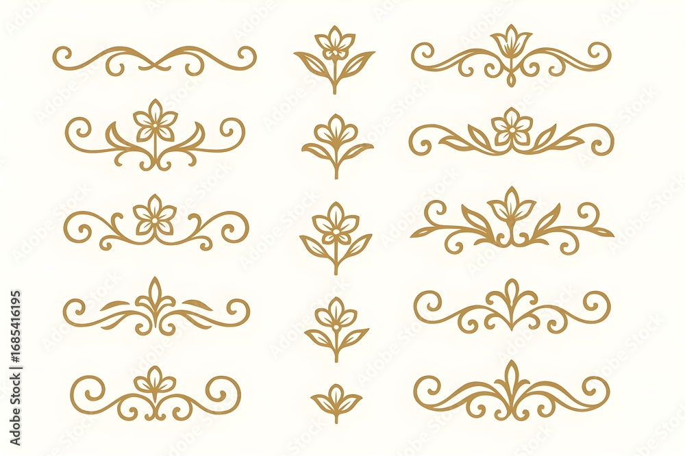Naklejka premium A collection of golden floral dividers and ornament elements for enhancing invitations, certificates, or design projects with a touch of elegance and sophisticated floral accents.