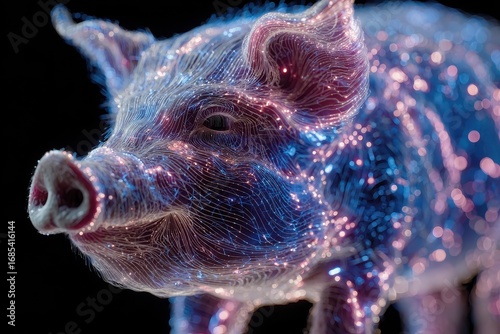 Vibrant Abstract Pig Sculpture with Colorful Light Effects