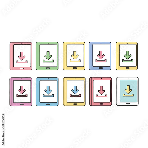 Digital Download Collection: A neat set of colorful tablets, each displaying a downward arrow indicating a seamless digital download. Perfect for digital interface and technology oriented concepts.