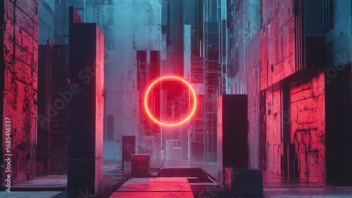 Glowing red neon circle illuminating futuristic cityscape