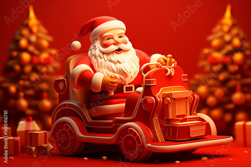 Fun and cheerful Santa Claus in a toy cart on a red background, creative and festive concept conveying the spirit and joy of Christmas, illustration