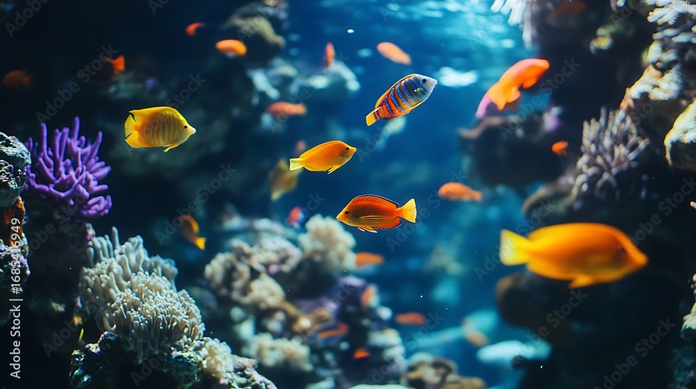 Obraz premium Aquarium fish tank with colorful coral reef and tropical fish perfect for underwater wildlife viewing