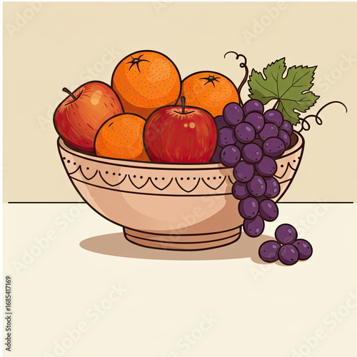 A beige bowl filled with red apples, oranges, and purple grapes, set on a flat surface. A green grape leaf adds contrast. Vibrant and balanced composition ideal for healthy food or fruit themes