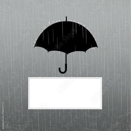 Black umbrella centered against a gray rainy background with vertical white streaks and droplets. A blank white rectangle below offers space for text. Moody, minimalist weather-themed design