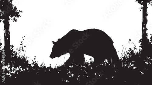 Bear Silhouette Walking on Grass Between Trees on White Background

