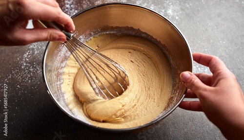 hands mixing cake batter in a bowl