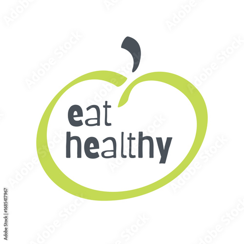 Eat helathy vector sign. Product sticker. Apple shape green gray isolated label. Symbol for food, fruit, vegetable, labeling, diet, design element