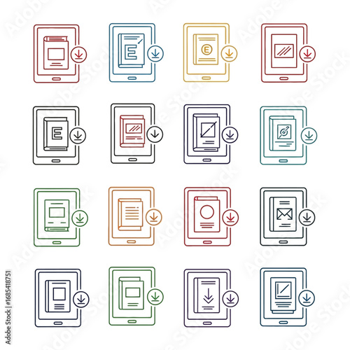 Digital Library: A sleek illustration presents an array of vibrant tablets, each showcasing unique documents and accessible downloads, symbolizing the future of information.