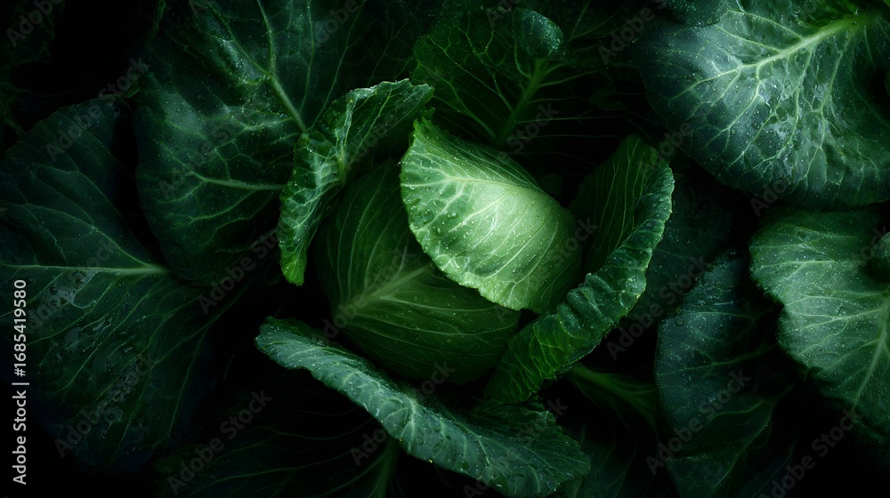 Fototapeta premium Vibrant green cabbage head featuring glistening water droplets on its textured leaves captured in a close up against a dark background