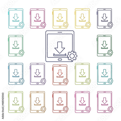 Digital Download Icons: A grid of stylized tablet devices, each featuring a prominent downward arrow symbol, alluding to the concept of downloading, alongside a gear icon