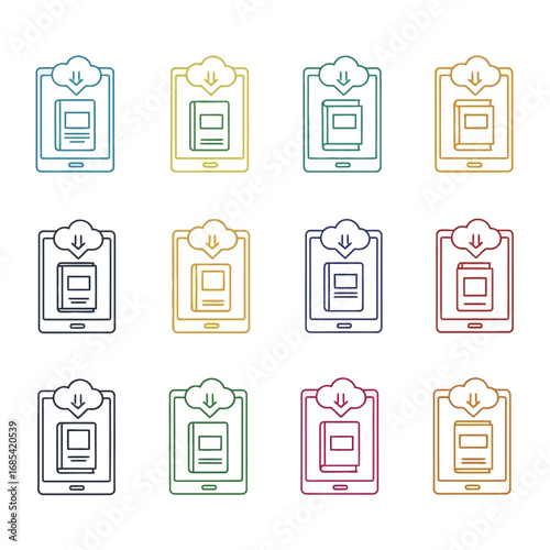 Digital Library Icons: A vibrant collection of digital library icons showcases a variety of tablets, each displaying a stylized ebook, all connected to a cloud download.
