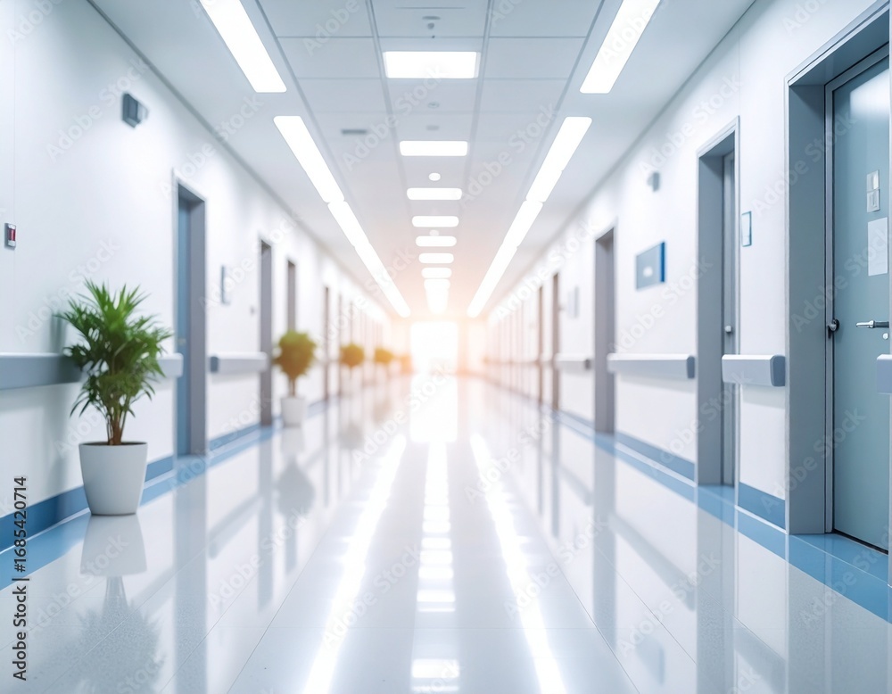 Obraz premium Bright Modern Empty Hospital Corridor Interior With Lights And Doors