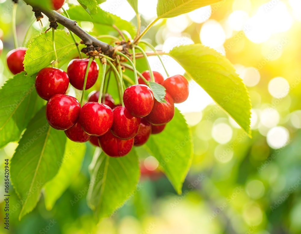 Obraz premium Ripe cherries cluster on branch, sunlit leaves
