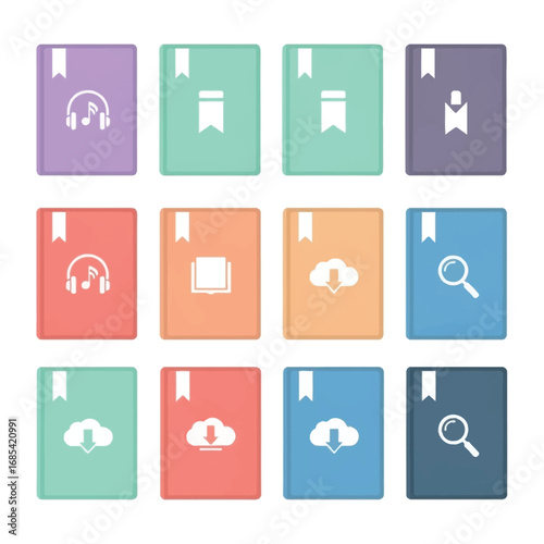 E-book Collection : A visually engaging digital art piece showcases a set of e-books with varied colored covers and a bookmark
