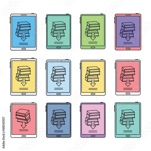 Digital Library Icon: A collection of vibrant e-readers, each displaying a stack of books being downloaded, symbolizing easy access to digital knowledge and resources.