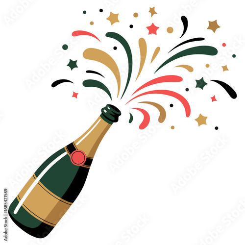 Champagne bottle with popping cork creating an celebratory explosion of colors. The bottle is elegantly tilted. It seems the champagne is being poured in a festive moment.
