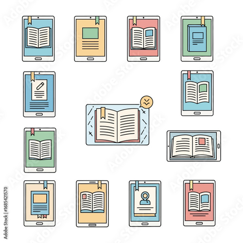 Digital Literature Display: a collection of digital literature icons with different formats, offering a glimpse into the future of reading and information access.