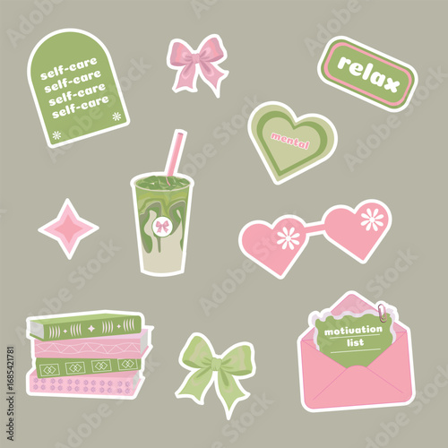 Pastel pink and green self-care sticker pack – matcha drink, girly aesthetic elements, mental health and wellness quotes, motivation list, kawaii planner and journaling sticker pack