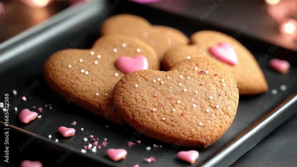 Three heart shaped cookies on a plate with colorful sprinkles, perfect for Valentine's Day or any special occasion