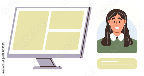 Monitor showing interface with grid layout, next to a female avatar and name tag. Ideal for user profile design, web layout, digital identity, online learning, remote work, career seeker, simple flat