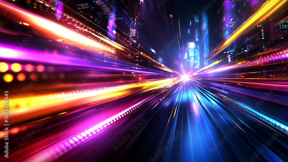 Obraz premium Dynamic Streaks Of Light And Color Radiating From A Central Point, Suggesting A Futuristic Cityscape Or High Speed Journey Through A Vibrant Neon Lit Environment. The Composition Creates A Sense Of Sp