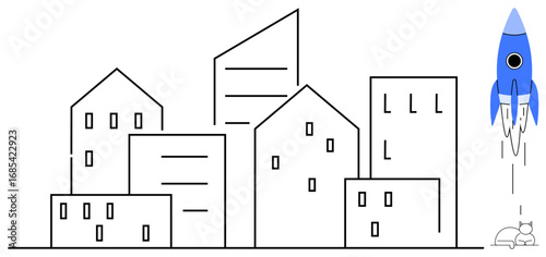 Linear city buildings with a blue rocket launching upwards symbolizing growth, development, and innovation. Ideal for business, startup, technology, progress, urban planning, innovation and future