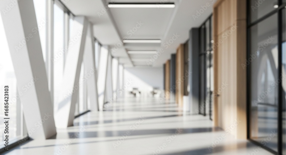 Obraz premium Abstract Blurred Modern Office Hallway Interior with Natural Light and Windows