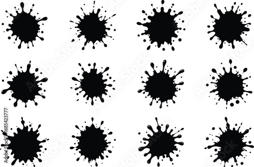 Black ink splashes splatters drops liquid paint stains vectorr. Blotter spots, liquid paint drip drop splash and ink splatter editable file.