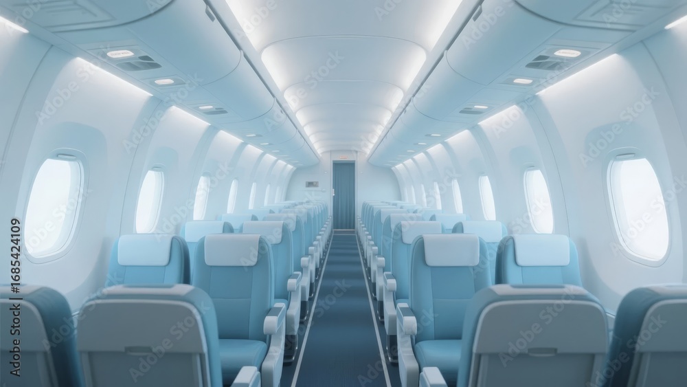 Obraz premium Interior of a modern airplane cabin with rows of seats and overhead compartments