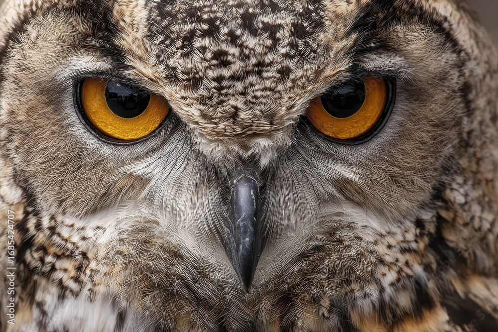 Obraz premium Extreme close-up of an owl's face, featuring striking golden eyes and detailed feathers. Use this for wildlife, wisdom, or intense stare concepts.