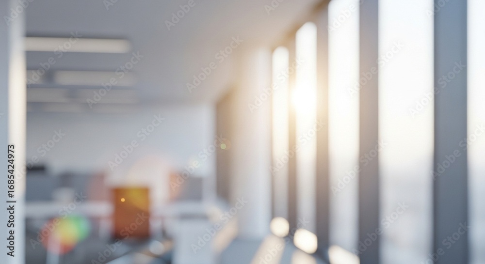 Fototapeta premium Abstract Blurry Modern Office Interior with Sunlight and Window View