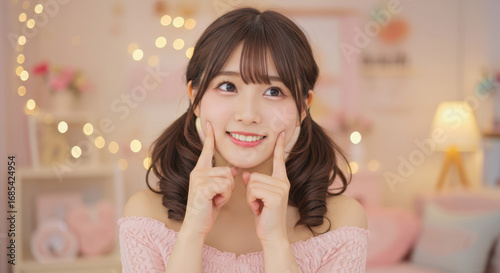 両頬を指ではさんで微笑む可愛いツインテールの女性