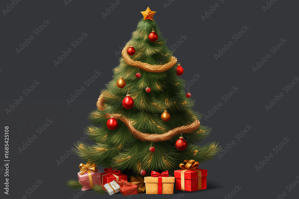 Obraz premium Christmas tree decorated isolated on smooth background