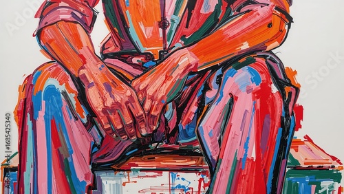 Vivid abstract portrait of seated person in bold colorful brushstrokes, expressionist modern style and contemporary art canvas