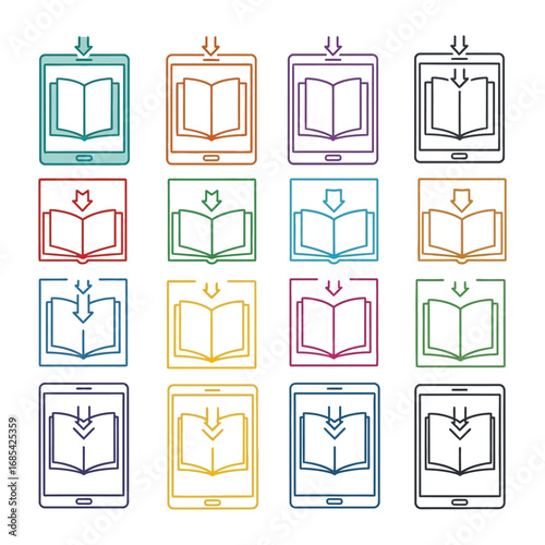 Digital Library Download: A collection of colorful, minimalist illustrations depicting the seamless download of a book onto a digital tablet.