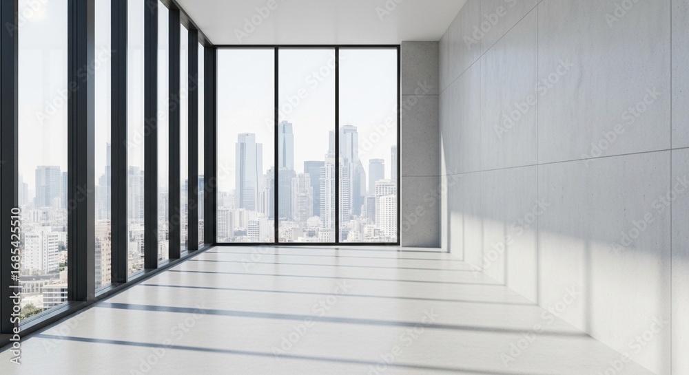 Obraz premium Minimalist Modern Interior with Cityscape View from Large Window