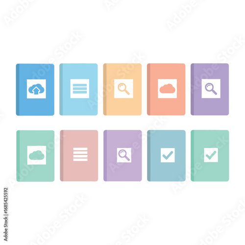 Pastel Digital Books: An eye-level shot of a series of pastel-colored digital books neatly arranged on a neutral surface, each adorned with a unique symbol.