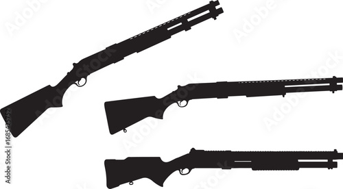 Three black silhouettes of shotguns on a white background