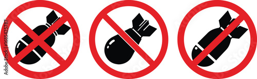 Three red prohibition signs with bomb silhouettes inside no bombs silhouette