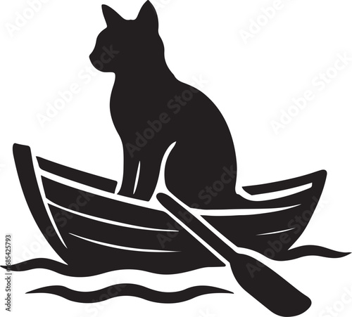 PrintBlack cat silhouette sitting in a rowboat with an oar