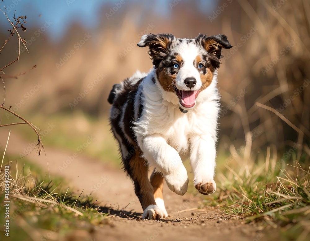 Fototapeta premium Playful puppy running on a path