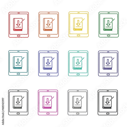 Digital Library Downloads: A vibrant digital illustration depicts an array of tablets, each showcasing a unique icon representing the seamless download of a book.