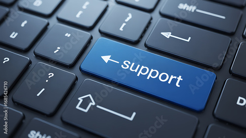 Close-up of a glowing blue support button on a modern computer keyboard for technical assistance