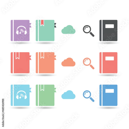 Digital Education: A collection of colorful icons representing a variety of concepts associated with education, knowledge, and the digital realm. Perfect for illustrating educational materials.
