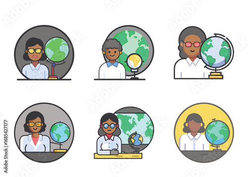Diverse educators with globe icons for educational resources and representation matters