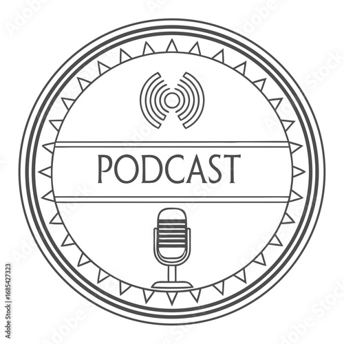 Podcast emblem: The intricate emblem, etched in stark black and white, encapsulates the essence of podcasting, featuring a stylized microphone, radio wave signals.