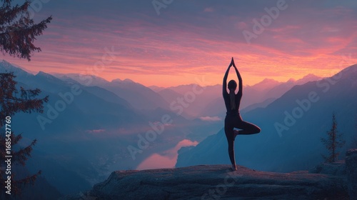 Woman doing yoga at sunrise over mountains