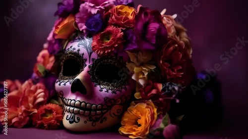Sugar skull adorned with vibrant flowers against a dark textured background